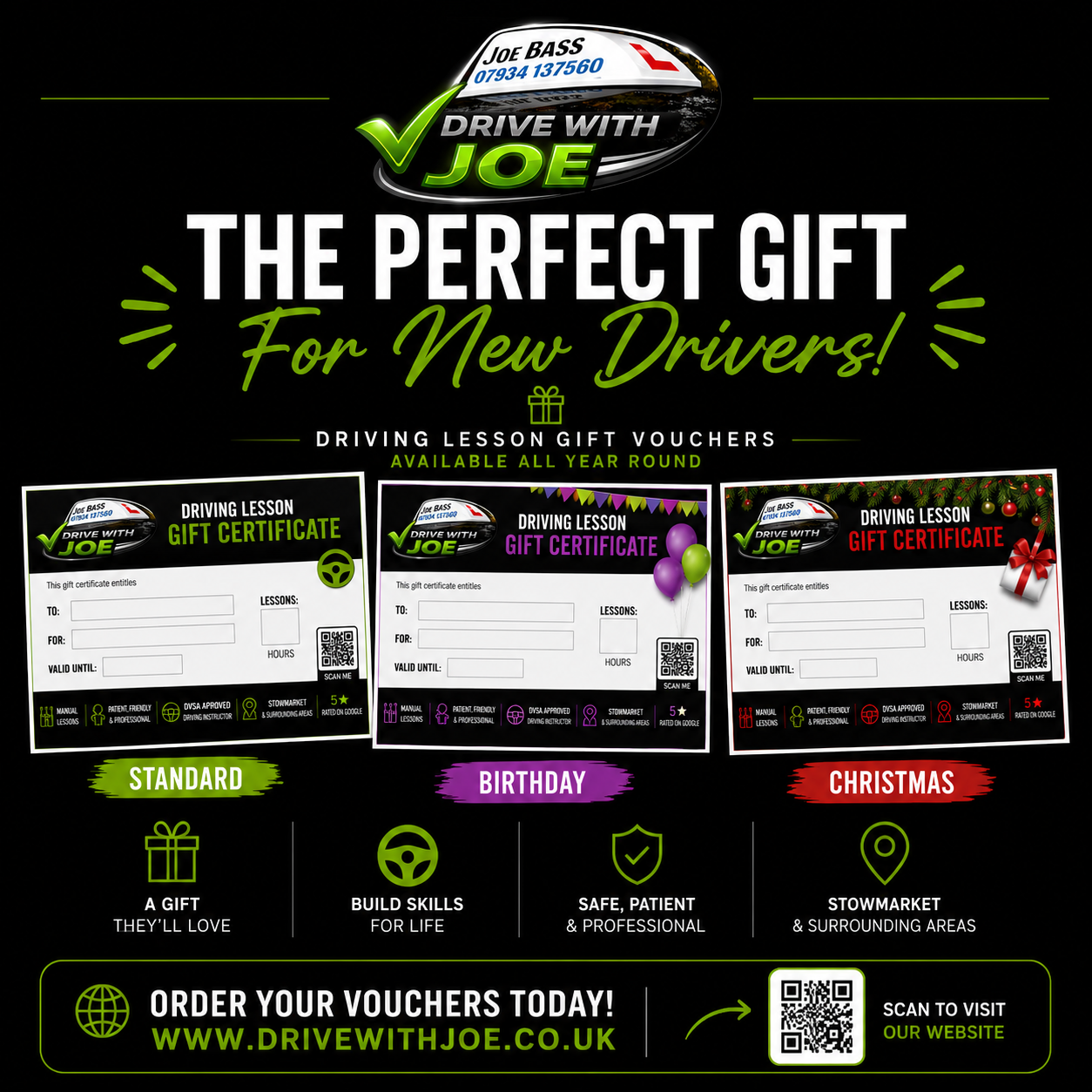 Drive With Joe driving lesson gift vouchers available all year round